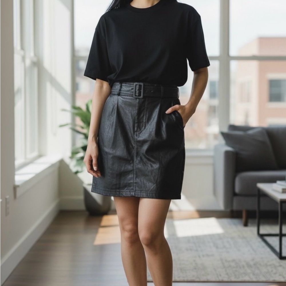 Express Genuine Leather High Waist Black Mini Skirt Women’s 5/6 Belted
